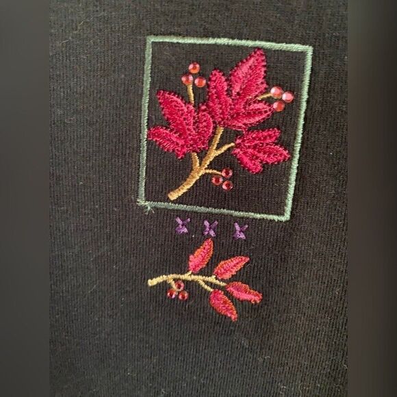 Trilogy Sweater Women’s Small Black Cotton Cardigan Red Embroidered Flower - Picture 3 of 5